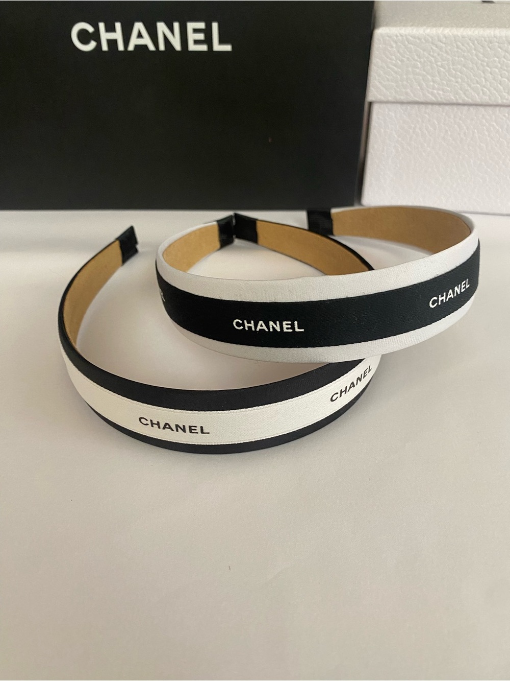2 CHANEL Ribbon Black & White Logo Headbands
